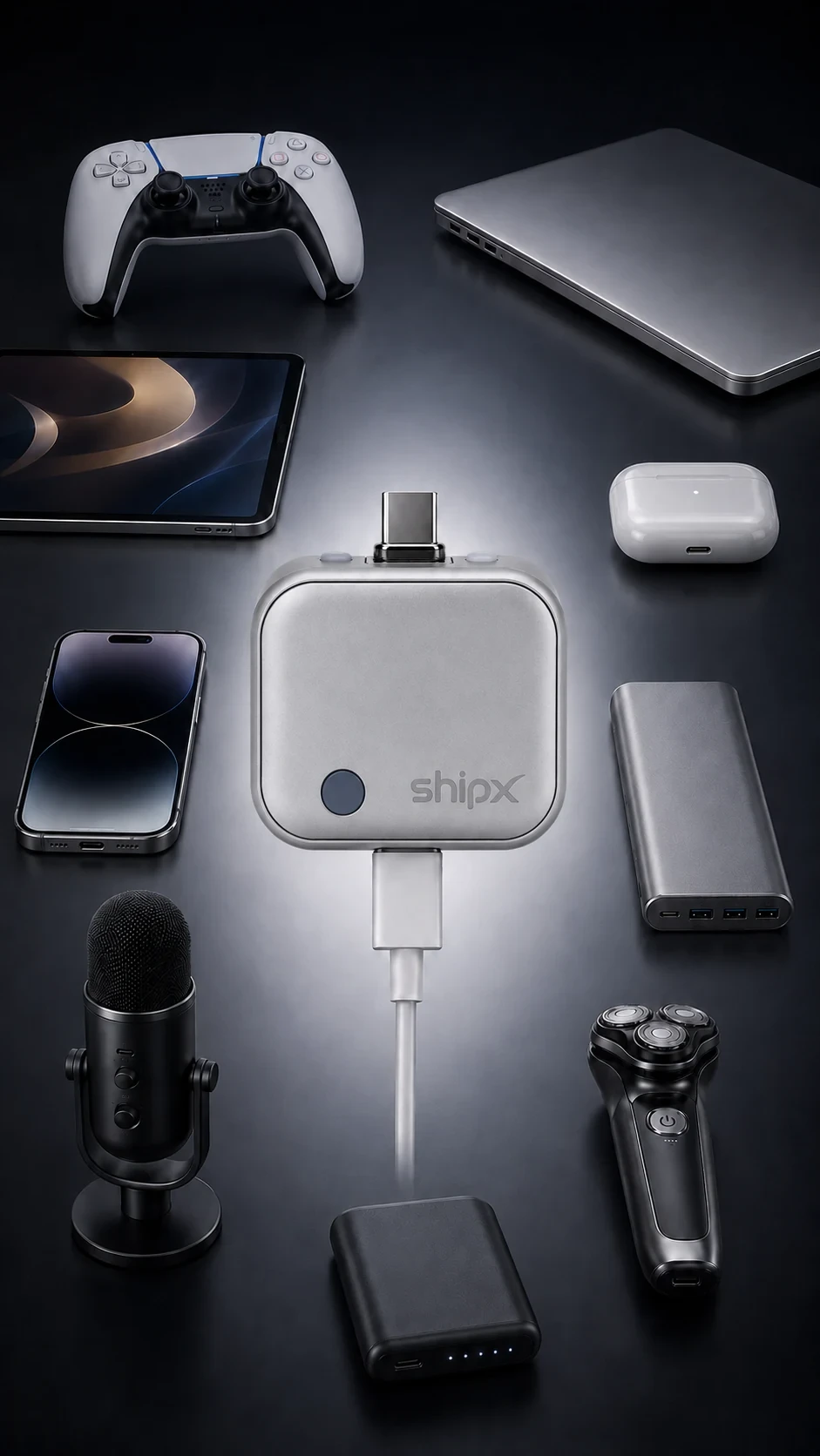 Adaptador inteligente USB-C SHIPX de 140W rodeado de los dispositivos que carga: joystick de PS5, notebook, tablet, teléfono, auriculares, power bank y más — compatibilidad universal